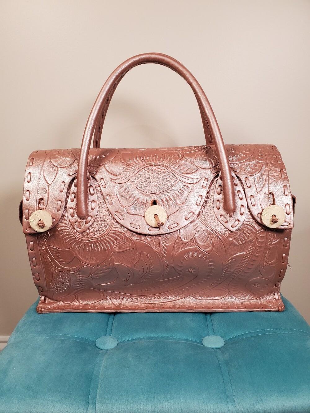 Grace Continental - Carving Tribes / Metallic Rose Gold  Hand-Tooled Leather Bag